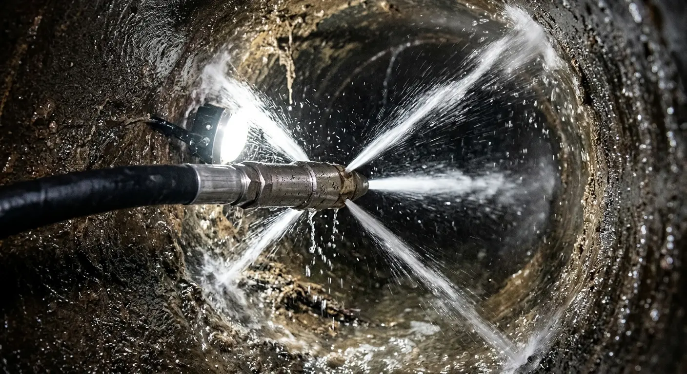 High-pressure hydro jetting nozzle cleaning sewer pipe for Sewer Line Relining in La Vista