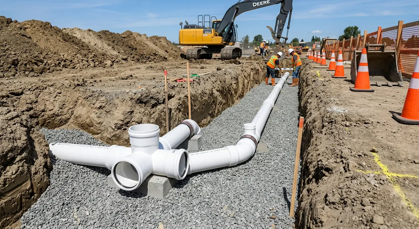 New PVC sewer pipe installation in open trench for Sewer Backup in La Vista