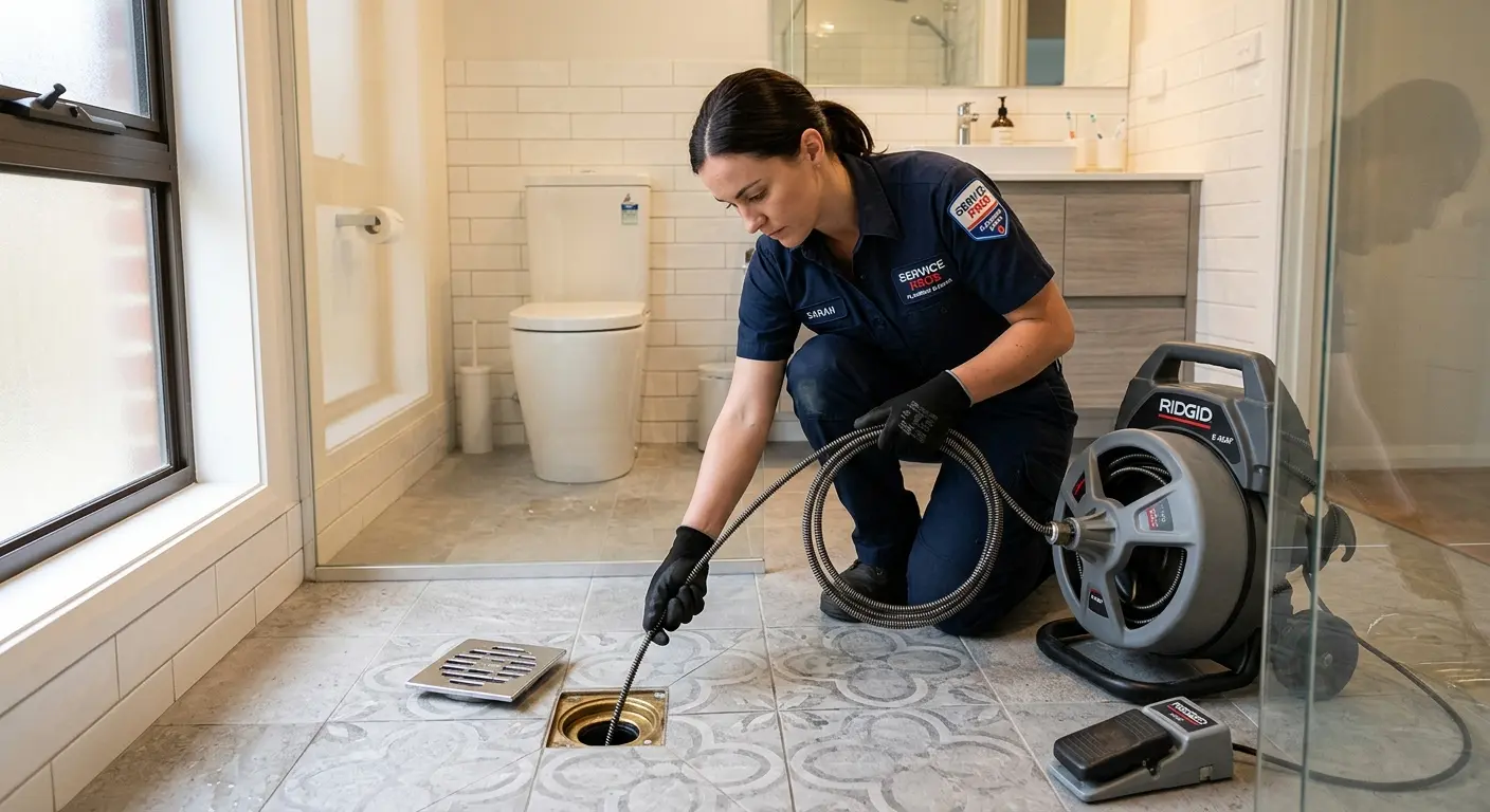 Technician clearing a bathroom floor drain for Sewer Line Replacement in La Vista
